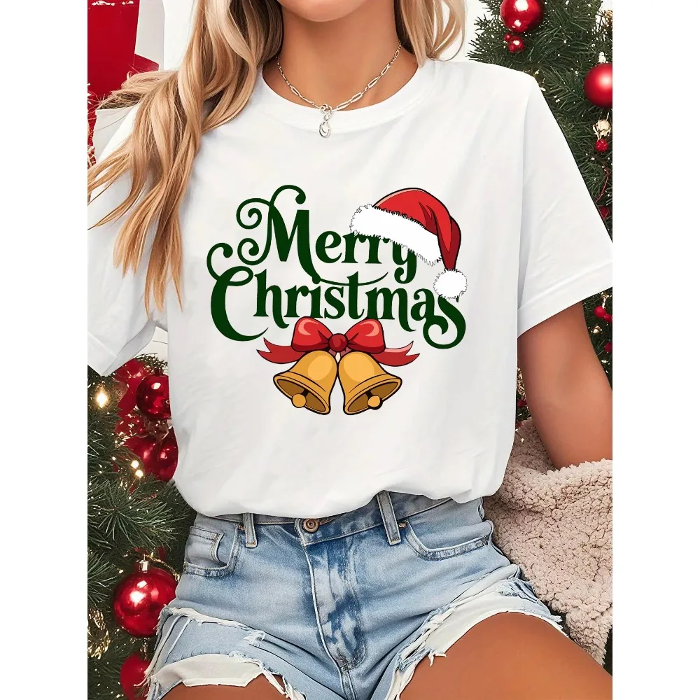 

Women's White Christmas Bells Wishes T-Shirt Sleeve Crew Neck Casual Top with Golden Green Bows Bells "Merry Christmas" Print