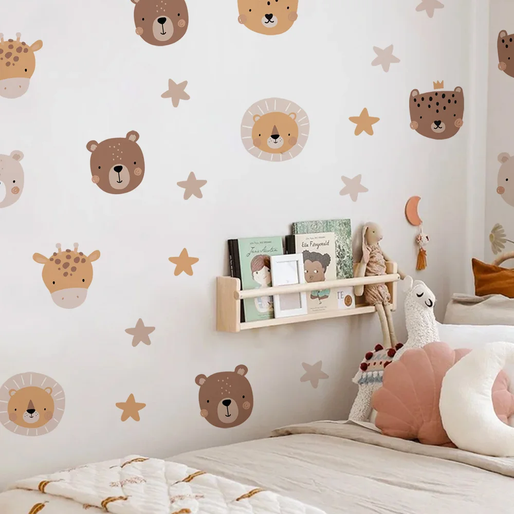 Cartoon Bear Giraffe Head Wall Sticker Baby Nursery Cute Animals Stars Pattern Wall Decal for Children Room Living Room Wall Art