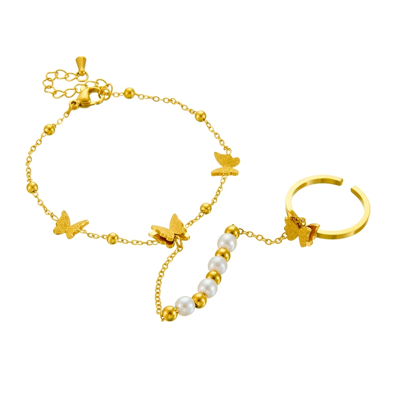 DIEYURO 316L Stainless Steel White Shell Solid Butterfly Finger Ring Chain Bracelet For Women New Fashion Jewelry Party Gifts image 5