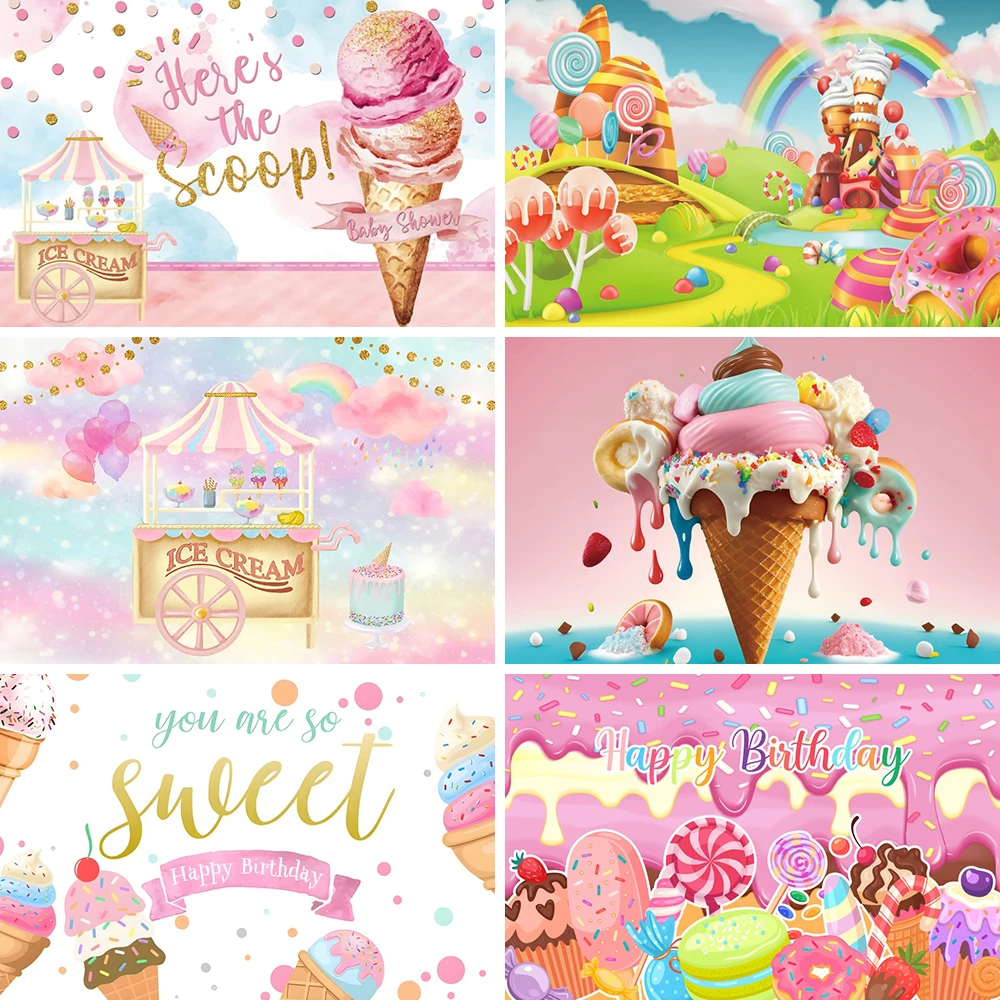 

Candy Shop Theme Backdrop Decoration Ice Cream Car Cupcake Lollipop Sweet Baby Shower Chocolate Cream Girl Birthday Party Poster
