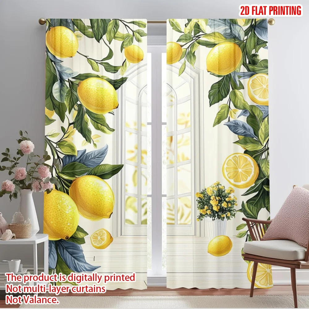 2pcs,2D plane printing Curtains&Window Treatment Lemon Morning Glow Versatile Durable Polyester (without rod) Room Decor Perfect