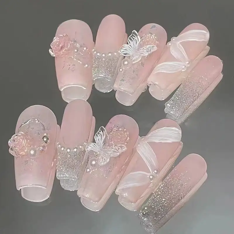 Handmade Wearable Nail Acrylic Press on Nail With 3d Butterfly Decoration Designs Full Cover Coffin Head Manicuree With Nail Art