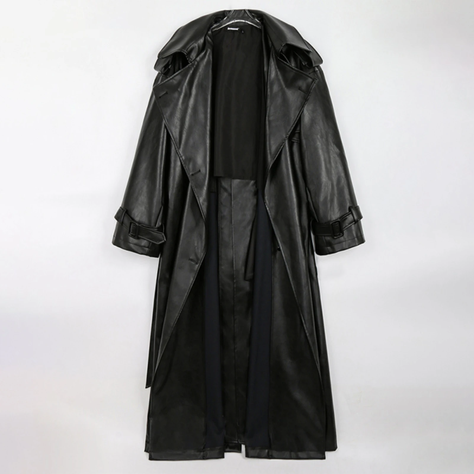 オーバーサイズ ブラック レディース PUレザー トレンチコート 秋冬 ラペルカラー ダブルブレスト 人工皮革 ロングオーバーコート