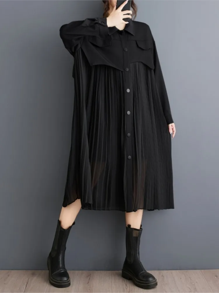 Oversized Autumn Shirt Dress Women Patchwork Fashion Ruffle Pleated Loose Ladies Long Dresses Casual Long Sleeve Woman Dress