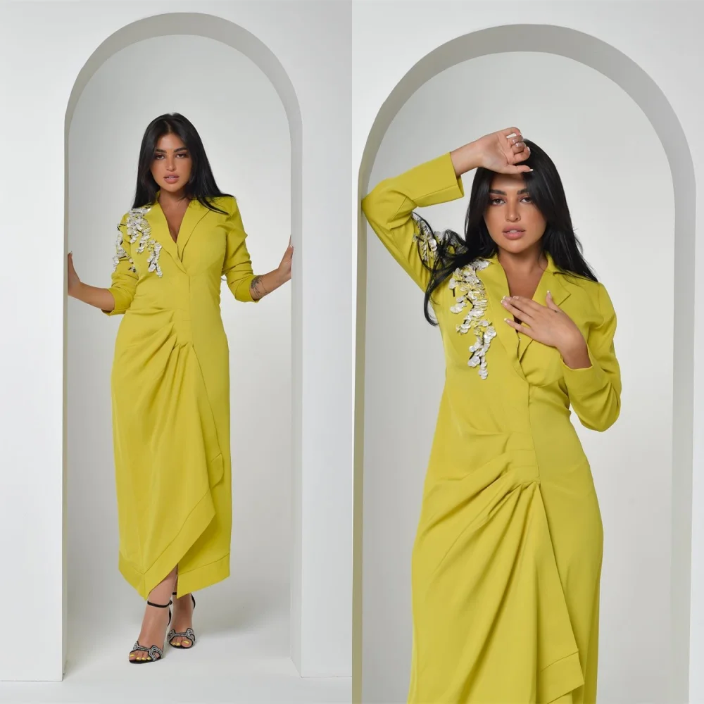 Customized Exquisite Yellow Jersey Evening Dress Formal V-Neck Short Sleeves Mermaid Front Slit Crystal Bespoke Occasion Gowns