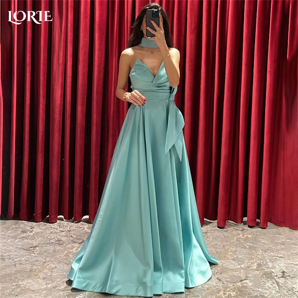 

LORIE Elegant Satin Evening Dresses V-Neck Sleeveless A-Line Off Shoulder Formal Prom Dress Bow Backless Pageant Party Gowns