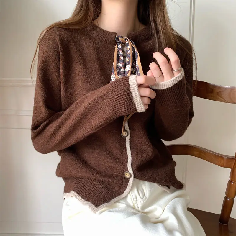 Korean Style Vintage Chic Sweet Bow Buttons Knitted Sweaters for Women Spring Autumn Slim Long Sleeve Cardigans Jumpers Clothing