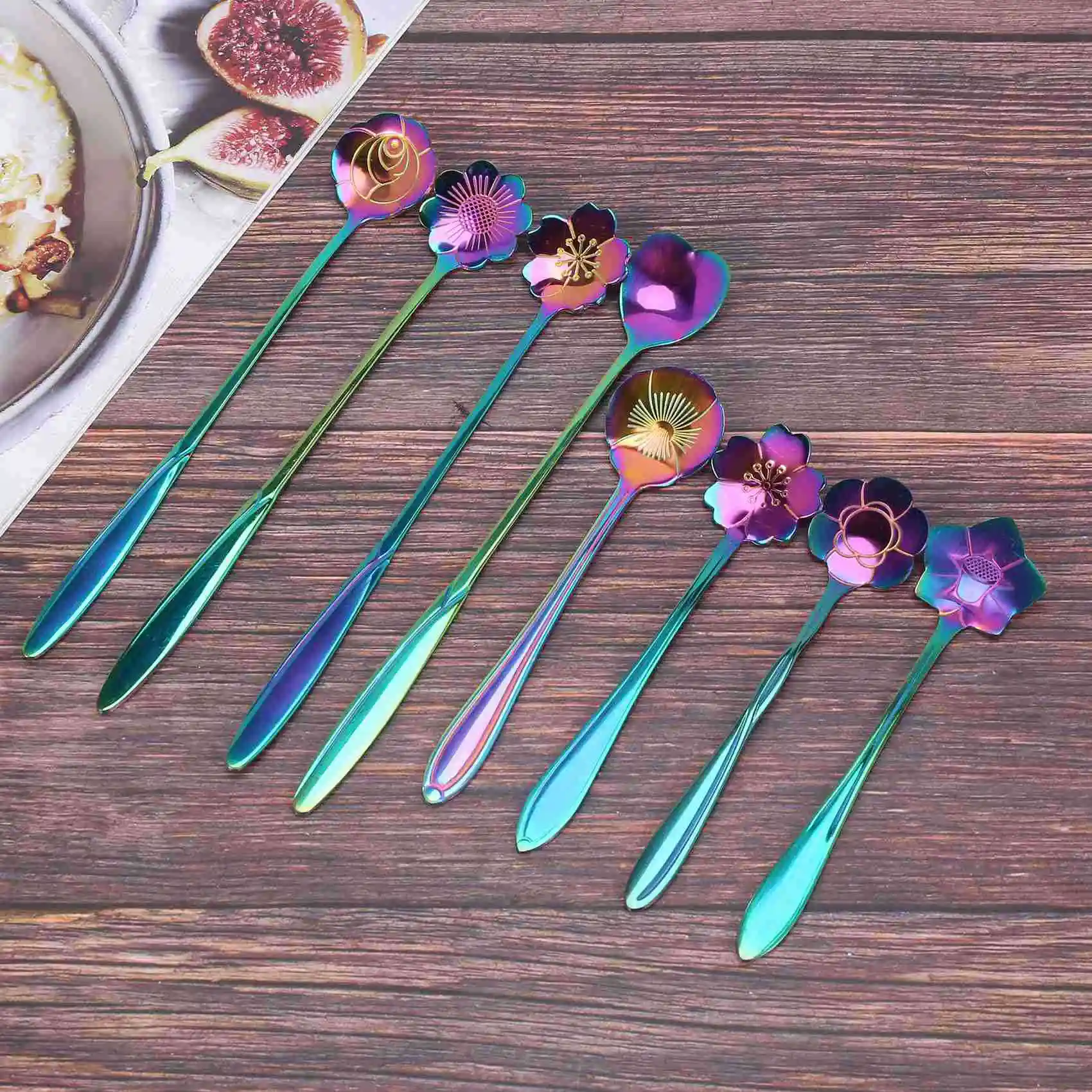 

A53Q-16Pcs Flower Spoon Set, 2 Different Size Colorful Stainless Steel Teaspoons Rainbow Coffee Stirring Spoon