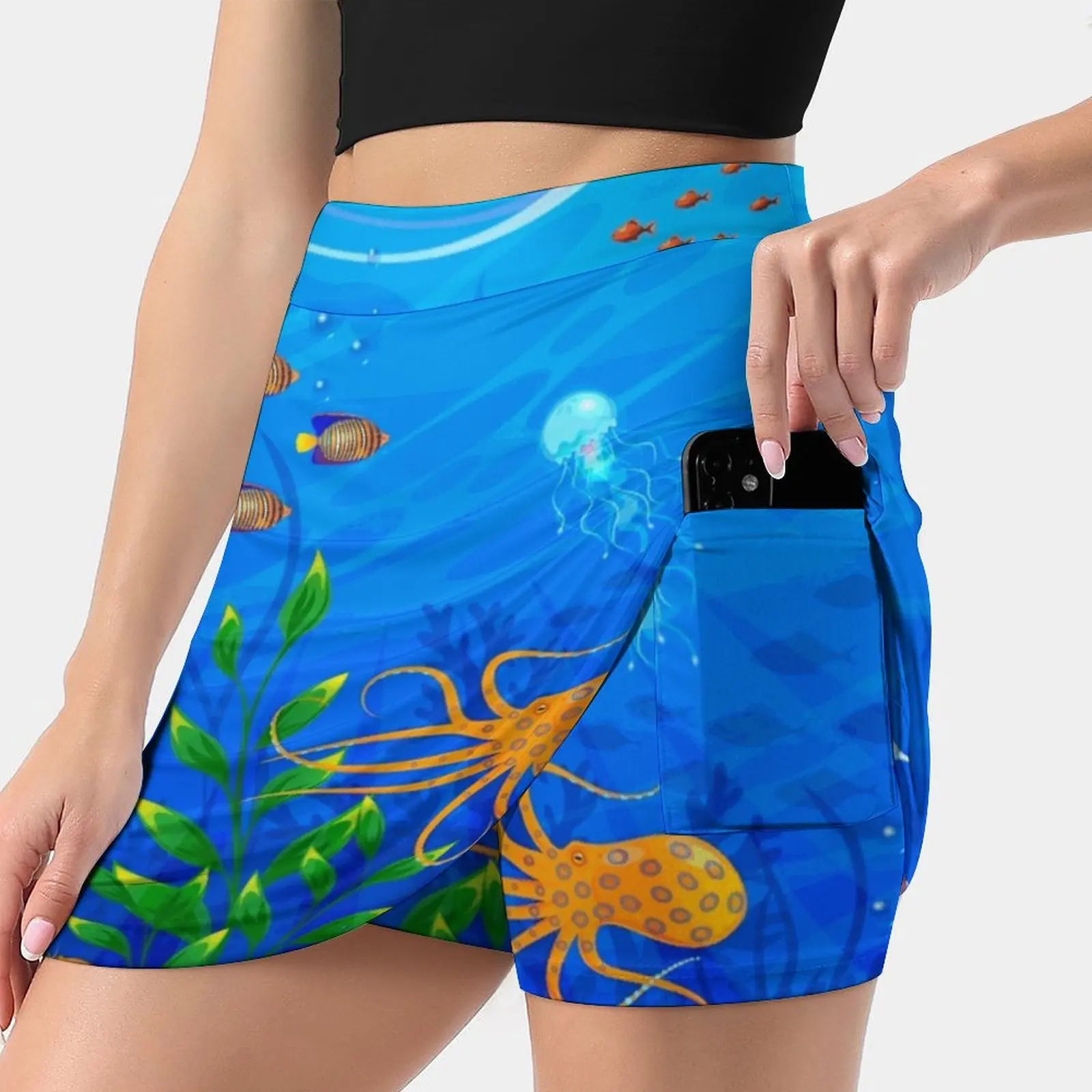 Underwater World Fake Two-Piece Hakama Skirt Women Pencil Skirts Workout Sports Mini Skirt Underwater World Sea Bottom Plants