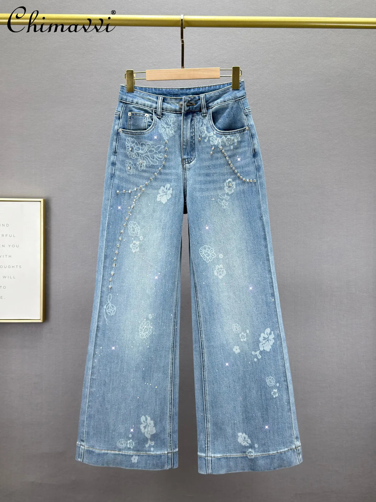 

Джинсы с тяжелыми стразами, летние, 2026, новая модная коллекция, с высокой талией, свободные, облегающие, винтажные, рваные, женские, широкие брюки