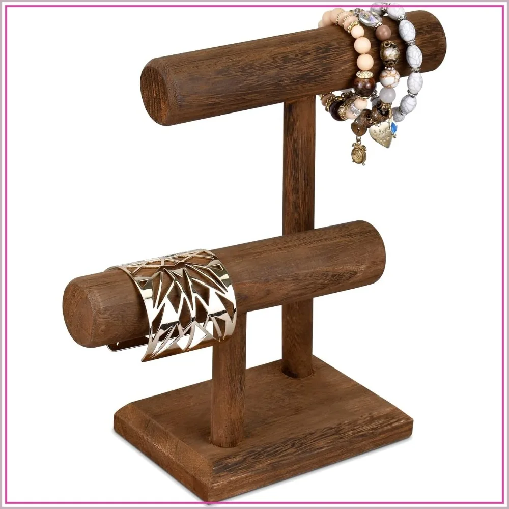 

2 Tier Wooden Jewelry Bracelet Watch Display Tower, Bangle Scrunchie Necklace Holder Storage Stand, 7.9 W x 4.3 D x 9.4 H in, Brown
