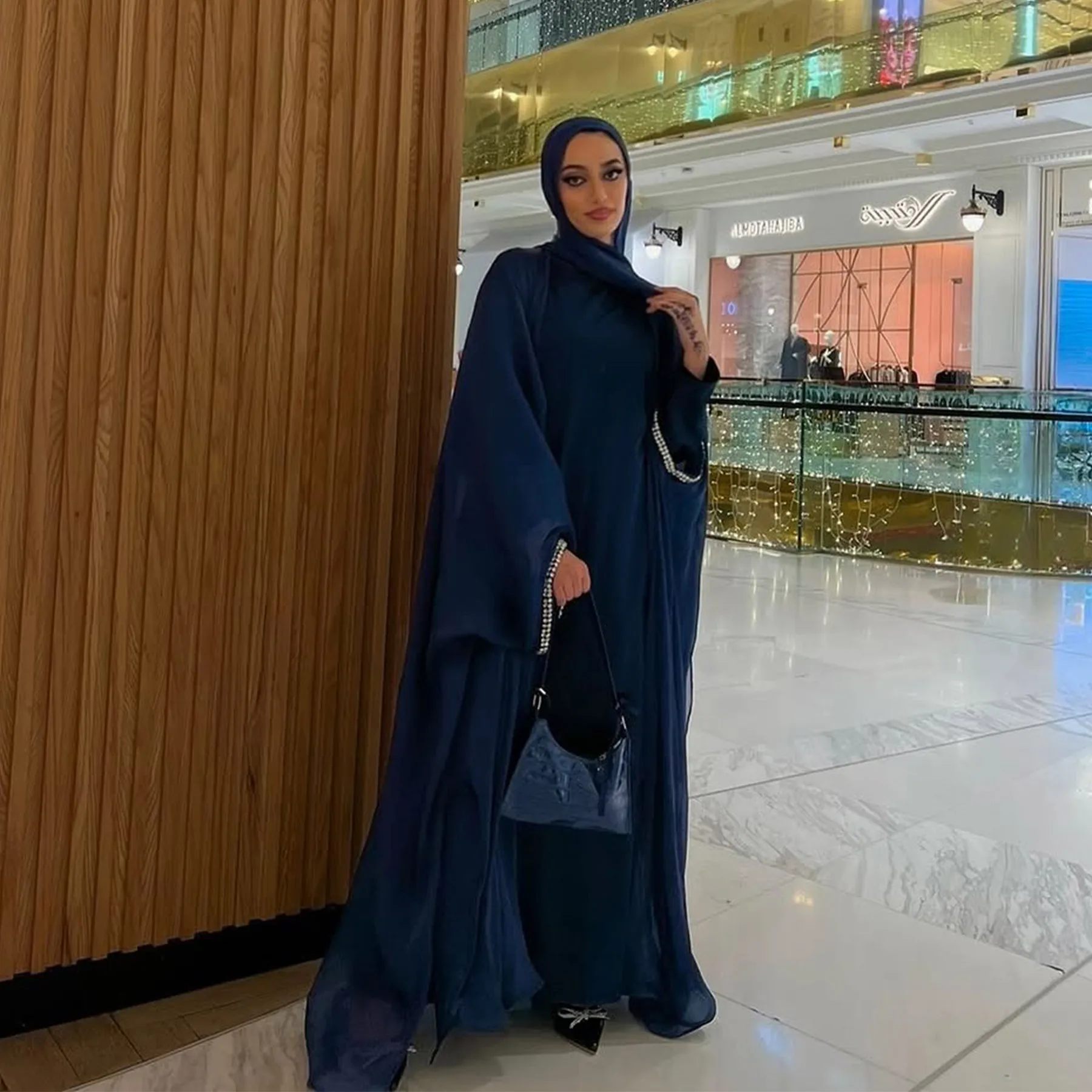 

Muslim Set 3-Pieces Women Kimono Cardigan Diamonds Open Abaya Inner Dresses Scarf Robe Kaftan Dubai Islamic Clothing Musulmane