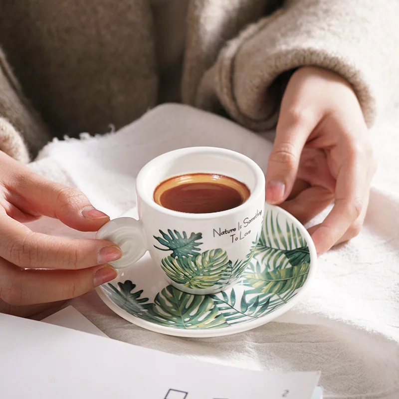 90ml Ceramics Coffee Cup And Saucer Set Nordic Fresh Cafe Drinkware Plant Monstera Office Mug Milk ESPRESSO SHOT Teacup For Girl