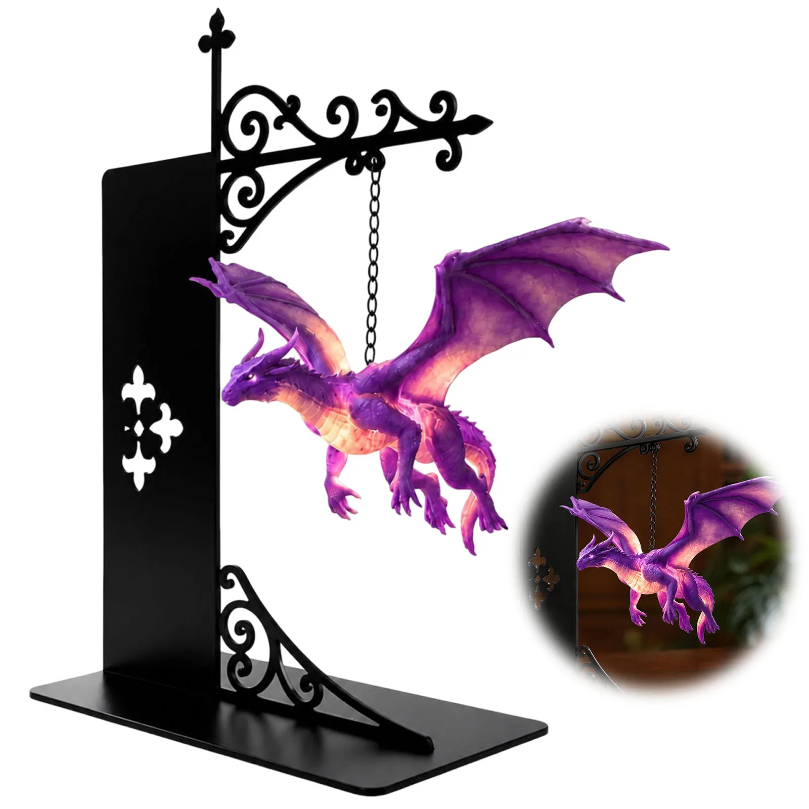 Dragon Reading Nook Light Warm LED Fantasy Bookshelf Night Lamp Creative Bookends Light Metal Shelf Decor(Purple)