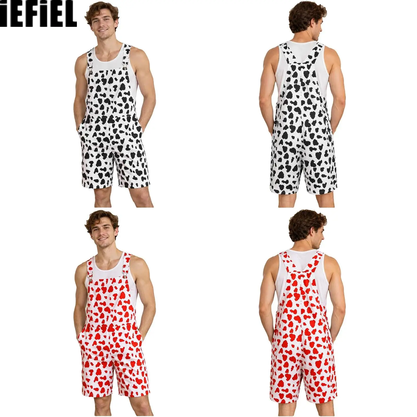 Men Cow Print Bib Casual Overalls Adjustable Shoulder Straps Rompers Thigh Length Jumpsuit with Pockets for Outings