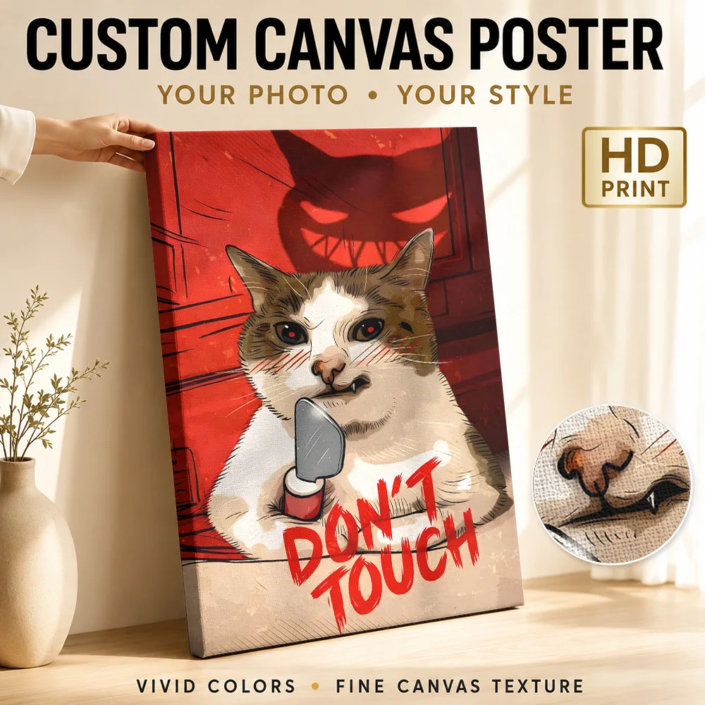 Angry Cat with Knife Canvas Painting Poster Personalized Funny Animal Wall Art for Kids Room Bedroom Decor Gift for Collectors