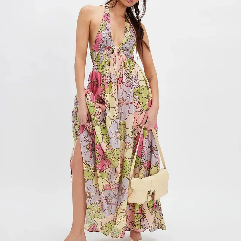 เดรสวินเทจลายดอกไม้แบบผูกคอ ชุดราตรีเซ็กซี่เปิดไหล่ เอวสูง จับจีบ ชุดเดรสเปิดหลังทรงสวิงสุดอินเทรนด์ ชุดเดรสไปทะเลสำหรับผู้หญิง