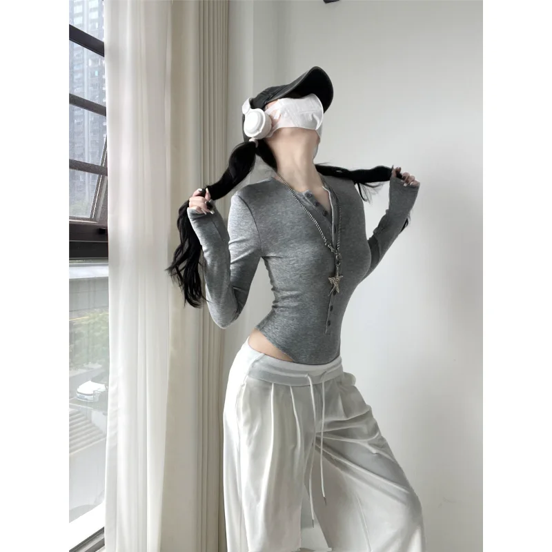 مثير فتاة حار زر الجبهة طويلة Sve اللون سليم صالح بذلة قاعدة irt تي شيرت عالية الخصر ort بانت ألياف البوليستر