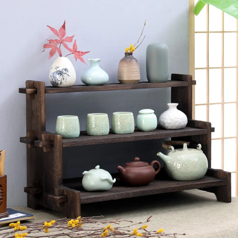 

Desktop Multilayer Storage Rack Solid Wood Carbonization Process Tea Set Display Shelf Decorative Frame for Ornaments Artistic