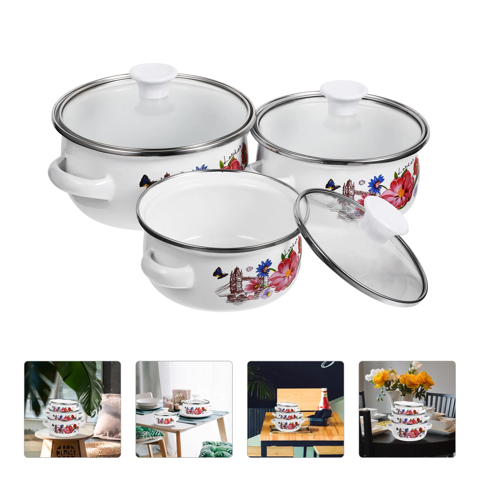 

3Pcs Kitchen Stockpot Stackable Enamel Cooking Pot Restaurant Flat Bottom Stew Pot Binaural Soup Pot