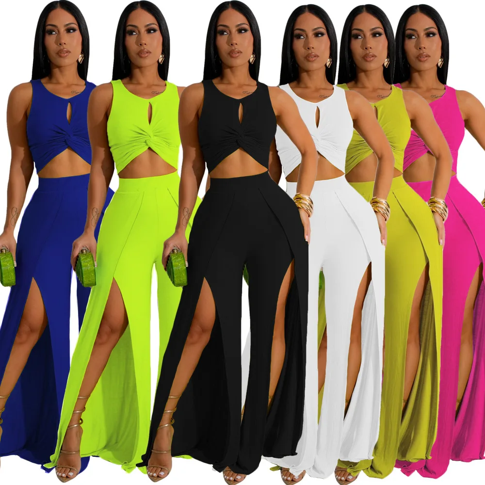 

Women's Two-piece Solid Color Sleeveless Hollow Pleated Vest with Slit Wide Leg Pants Fashionable Casual Set for Summer 2025