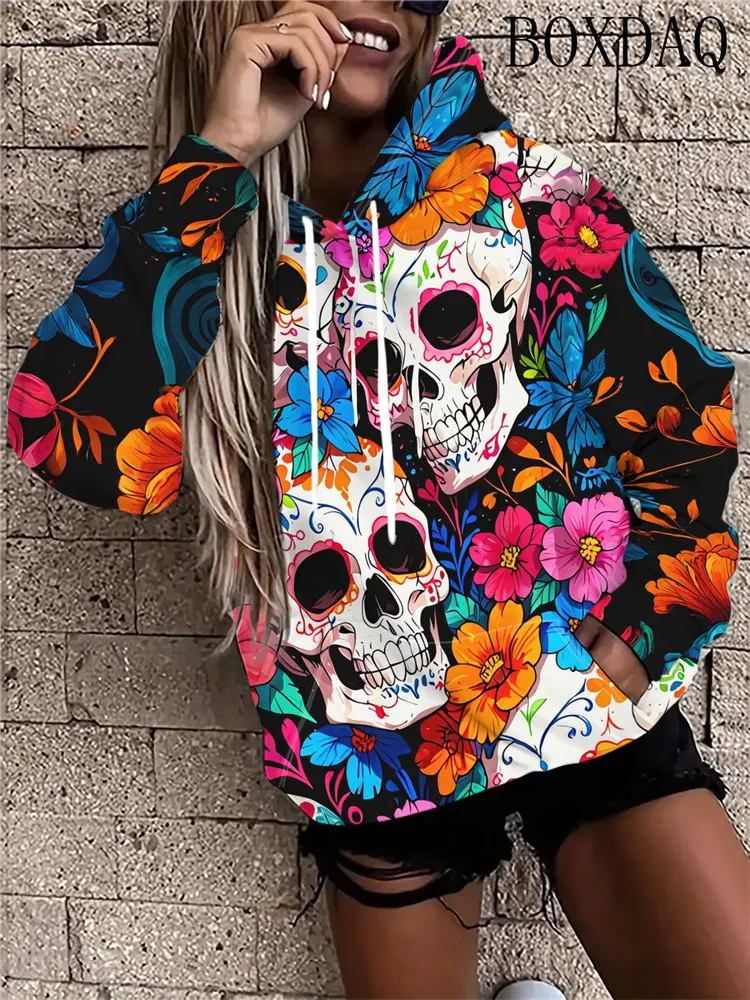 Autumn Winter Women's Fashion Hoodies Skull Floral 3D Print Long Sleeved Drawstring Hooded Sweatshirts Casual With Pocket Coat