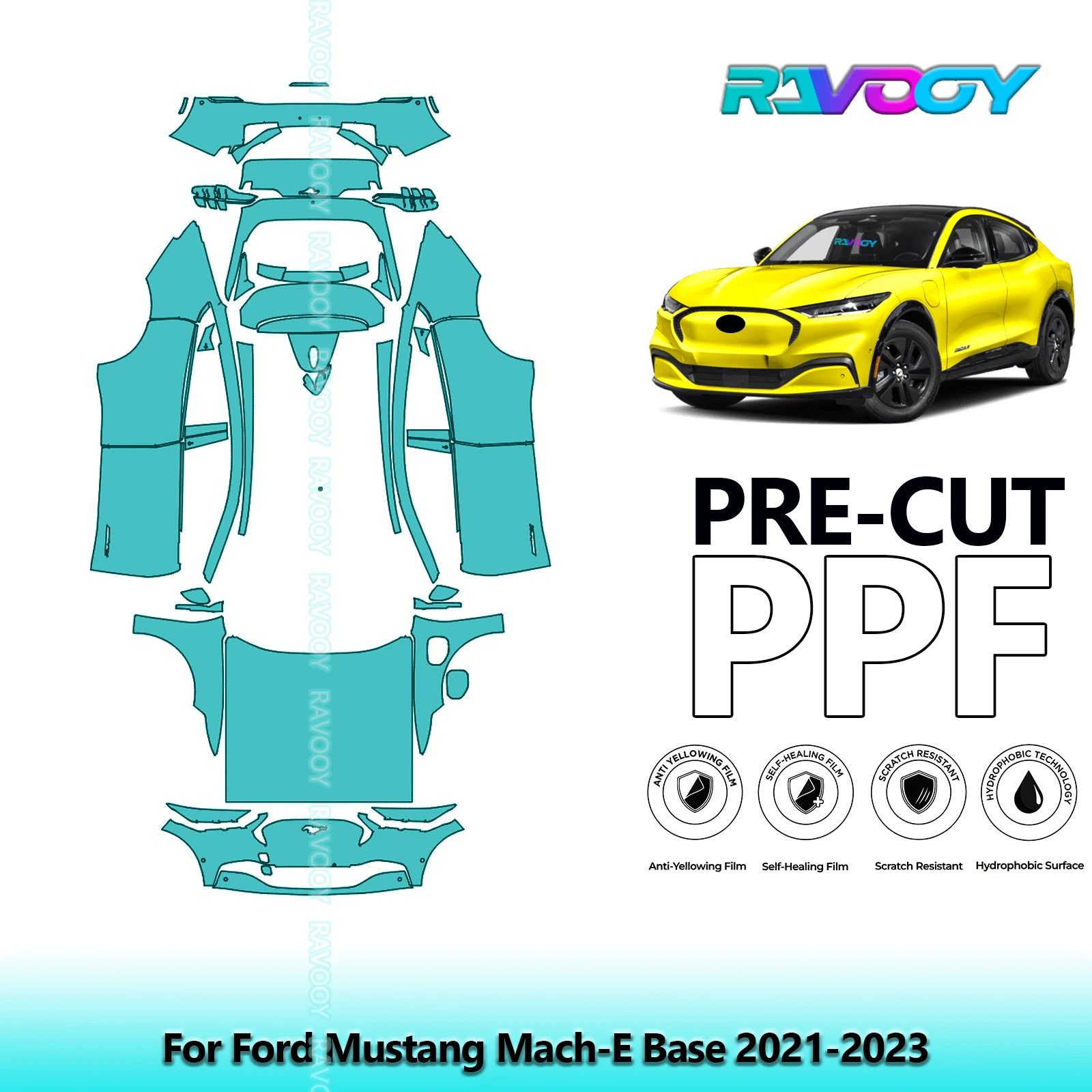 RAVOOY Custom-Fit Precut TPU PPF Full Vehicle Clear Bra Stone Guard EU UK For Ford Mustang Mach-E Base 2021-2023