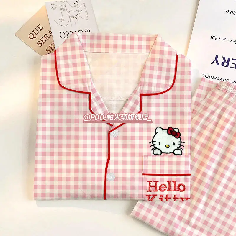 

Sanrio New Pajamas Hello Kitty Pajamas Spring and Autumn Pajamas Summer Short Sleeve 3Pcs Cartoon Cute Student Home Clothing Set