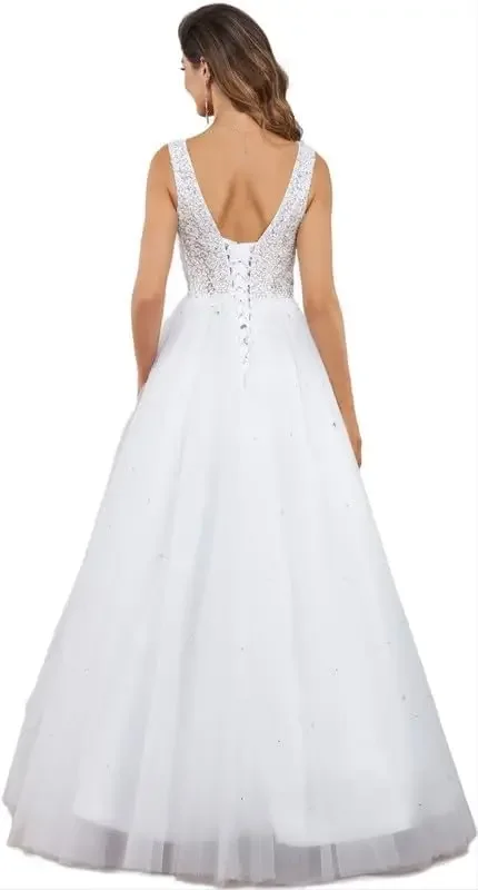 تول الخامس الرقبة الترتر ومطرز فساتين الزفاف فستان زفاف بسيط فستان أبيض المرأة الدانتيل فساتين الزفاف للعروس