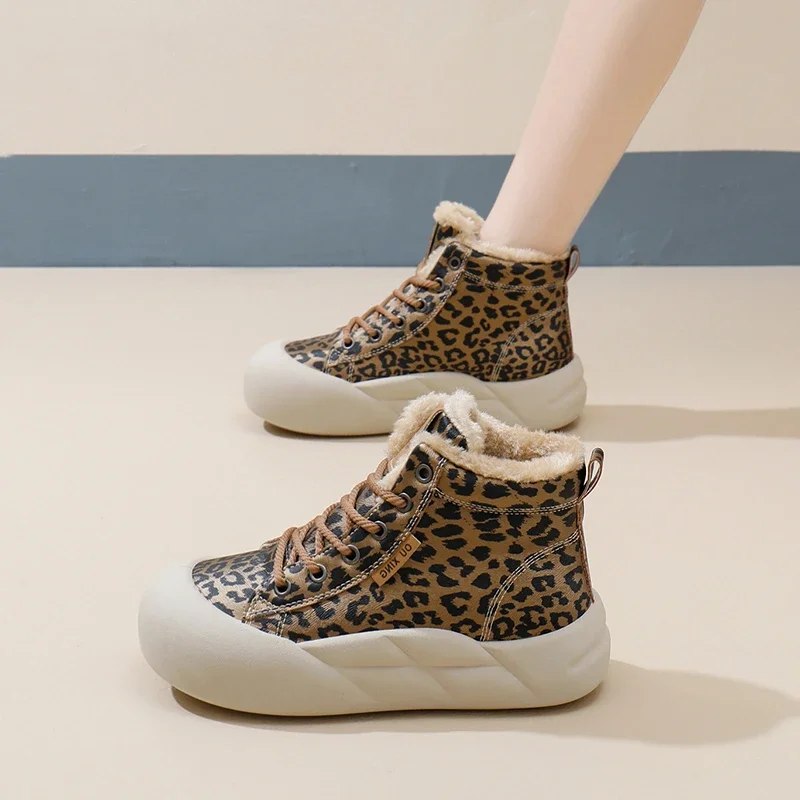 Women's Shoes 2024 New Cross Lacing Women's Vulcanize Shoes Fashion Leopard Print Hot Sale Round Head High Top Flat Shoeszapatos