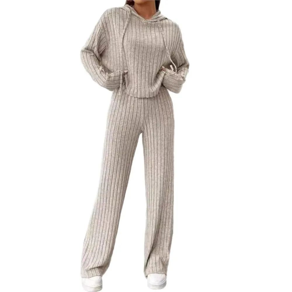 Frühling Herbst Gestrickte Gestreifte Kapuze Sweatshirt Lange Hosen 2 Stück Set Frauen Mode Lose Gestrickte Lange Hosen Weibliche Casual Anzug