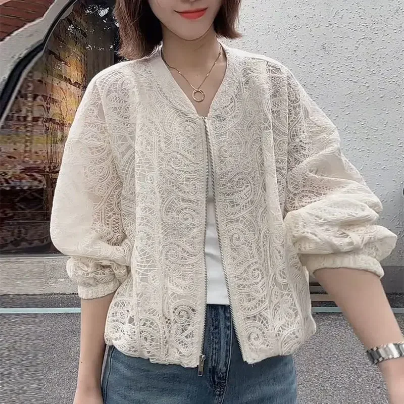 

Spring Summer Lace Thin Jacket Women Parka Casual Femal Coat Hollow Out Embroidery Floral Women Thin Coat