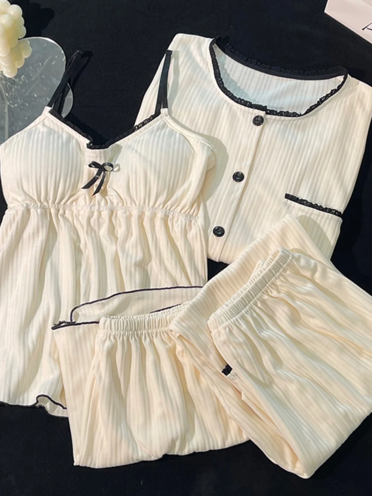 sexy-pure-desire-long-sleeve-strap-sleepwear-women's-autumn-pure-cotton-with-chest-pad-casual-cute-four-piece-set-home-clothe