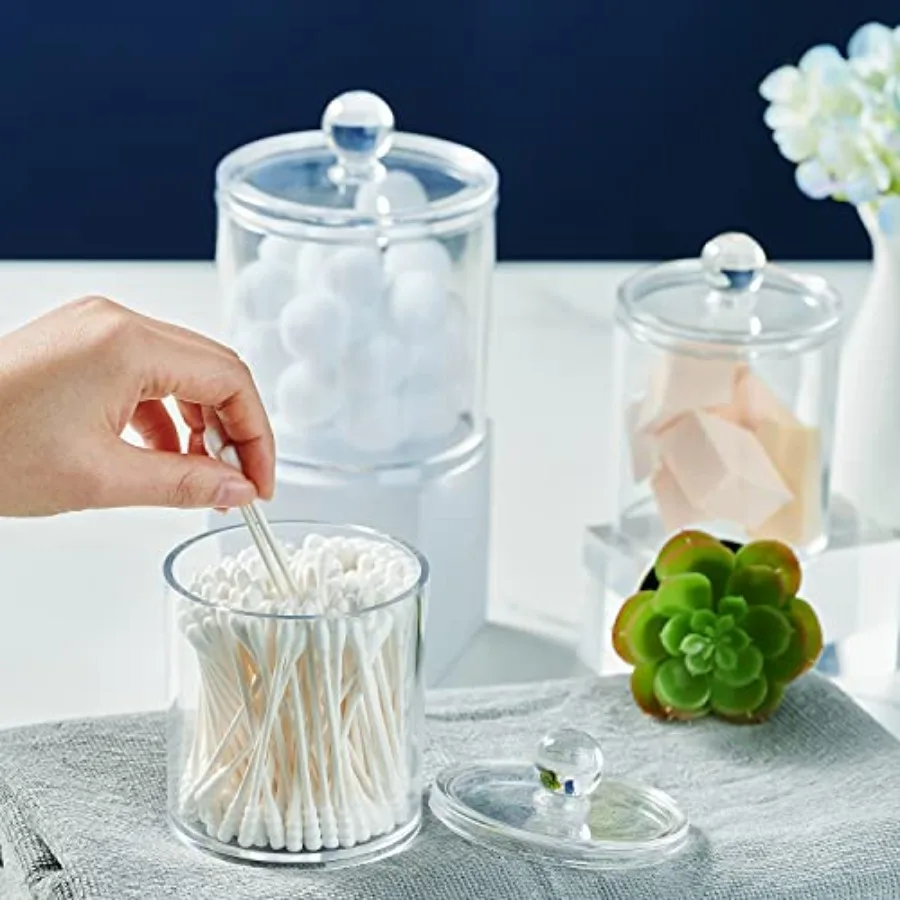 2 Pack Acrylic Qtip Holder with Labels, Qtip Jars for Bathroom Shatterproof Plastic Apothecary Jars Vanity Cotton Swab Holder C