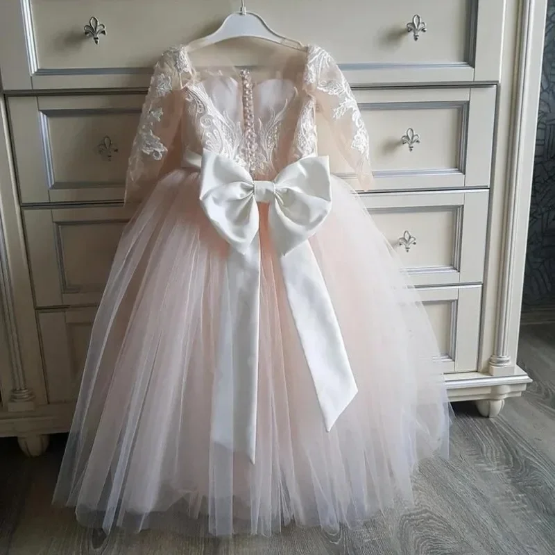 Champagne Lace Flower Girl Dress Detachable Trailing Children Kids Baby Girl for Wedding Birthday Party First Communion Dress