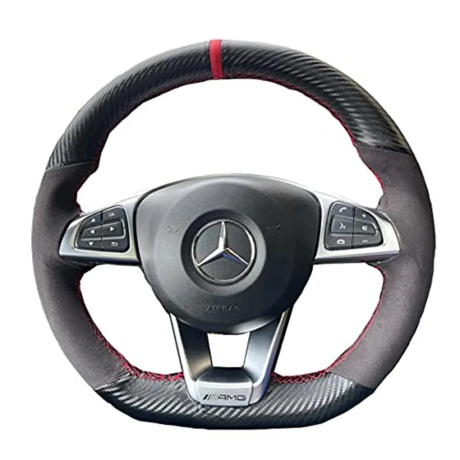 

Matte Black Carbon FiberandSuede Leather Steering Wheel Cover Hand-Stitch on Wrap Fit for Mercedes Benz W205/C43 GLA45 GLC43 AM