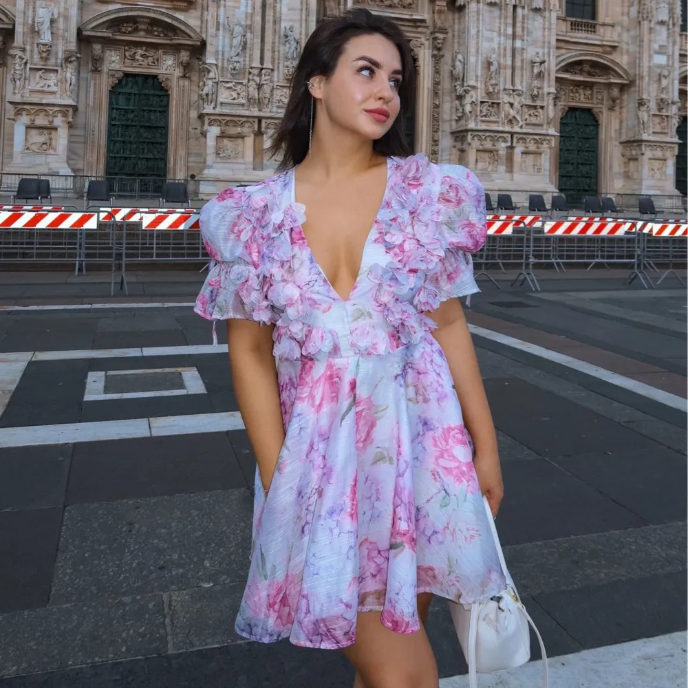 

Sexy Flare Sleeve V-Neck Printed Mini Dress Fashion Pleated A-line High Waist Gown New Lady Summer Evening Party Club Vestidos