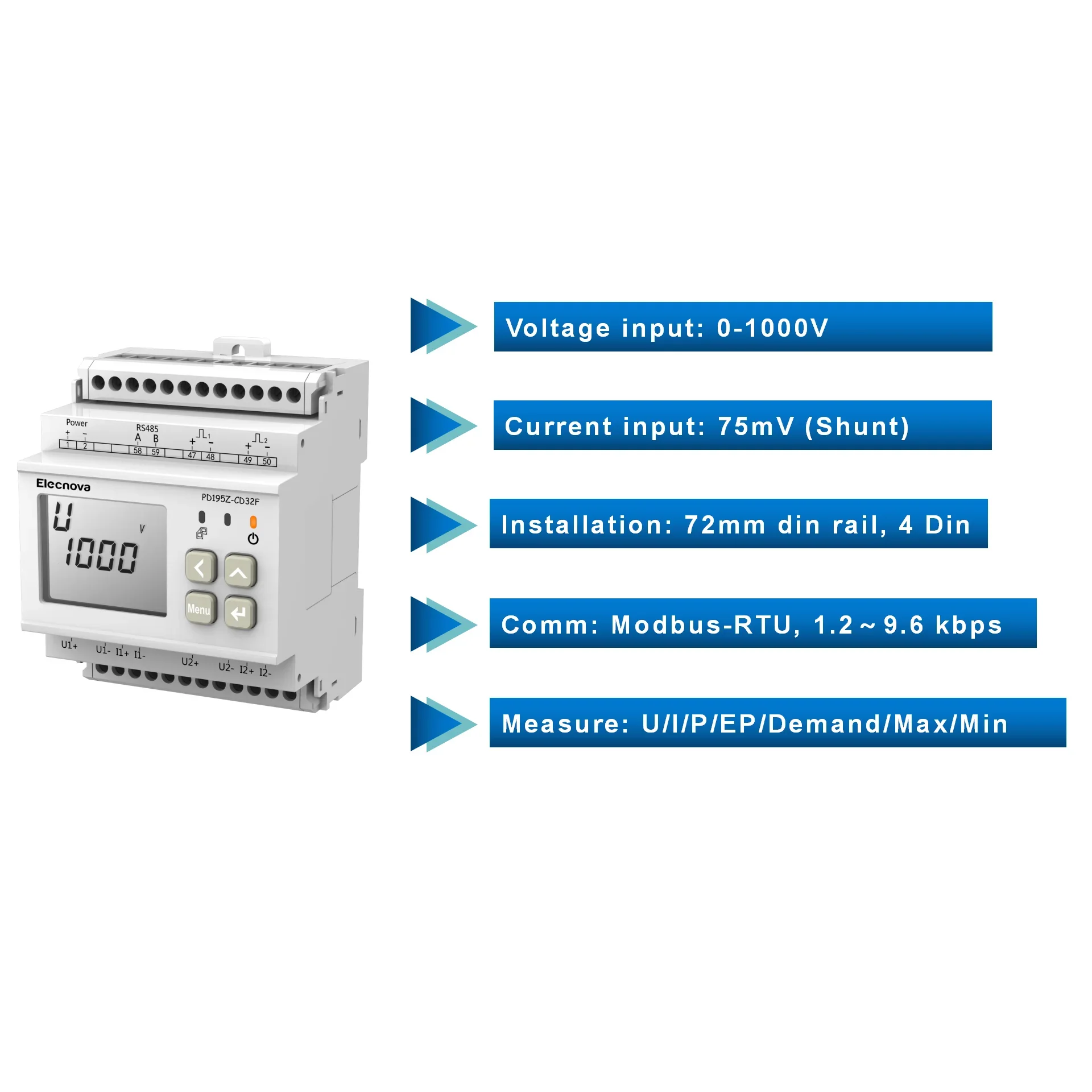 PD195Z-CD31F Din Rail Mount 1000V Direct Input EV Charger DC Energy Meter