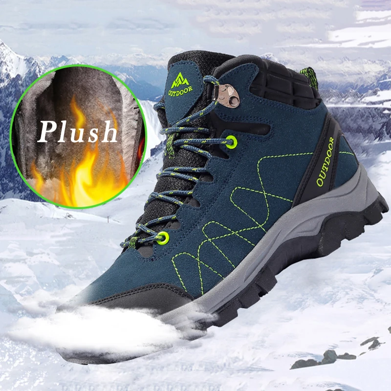 Hiking Shoes For Men Waterproof Suede Plush High Top Outdoor Cotton Shoes Snow Boots Man Sneakers Non-Slip Casual Climbing Sport