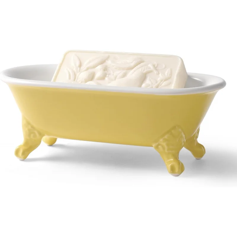 

6.5" Ceramic Mini Decorative Clawfoot Bathtub Bar Soap Dish, Kitchen Sponge Holder and Shower Tray for Bathroom, 1 Pack(Yellow)