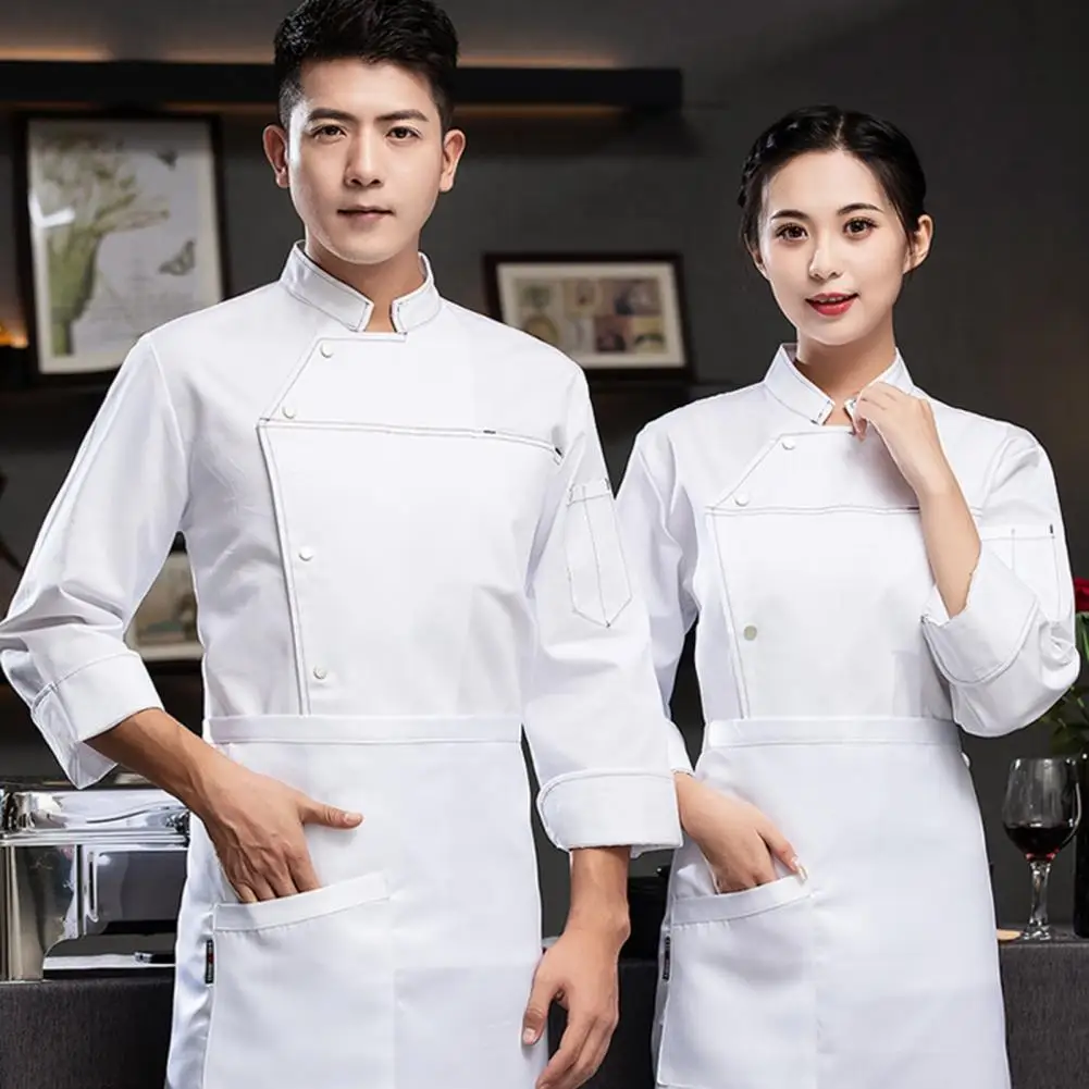 Chef Long-sleeved Shirt Chef Clothes Unisex Long Sleeve Chef Shirt with Stand Collar Single-breasted Pocket for Bakery for Fall