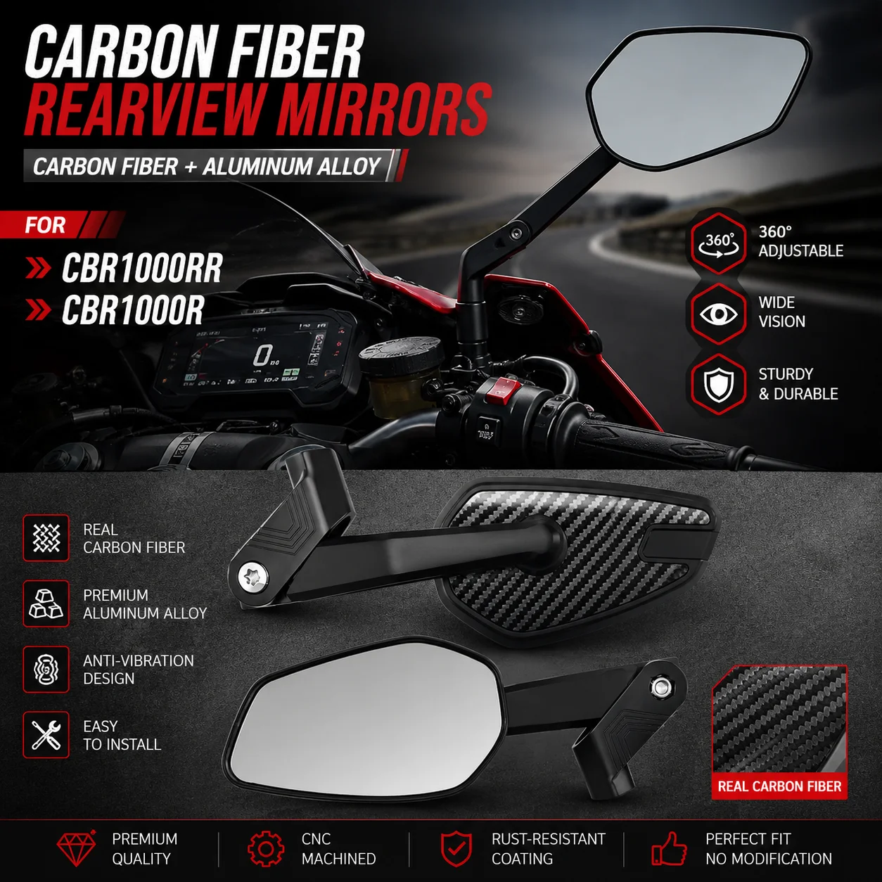 Carbon Fiber Aluminum Alloy new For H/onda CBR1000RR R Motorcycle Mirrors Carbon Fiber Aluminum Alloy Rotatable Rearview Mirrors