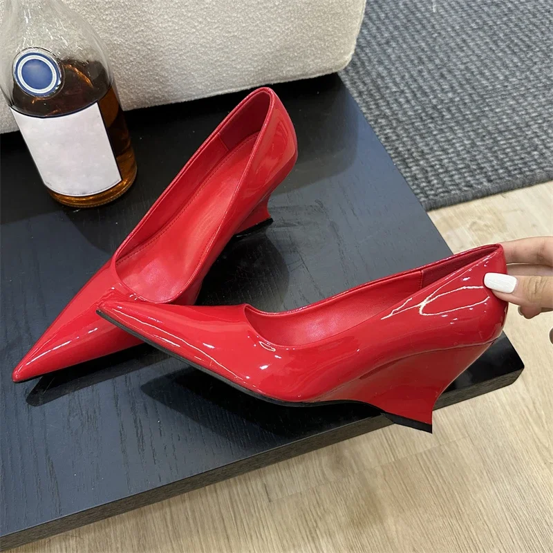 Eilyken Design Pointed Toe Wedges High Heels Women Pumps Silver Red Shoes Sexy Wedding Banquet Zapatos Mujer