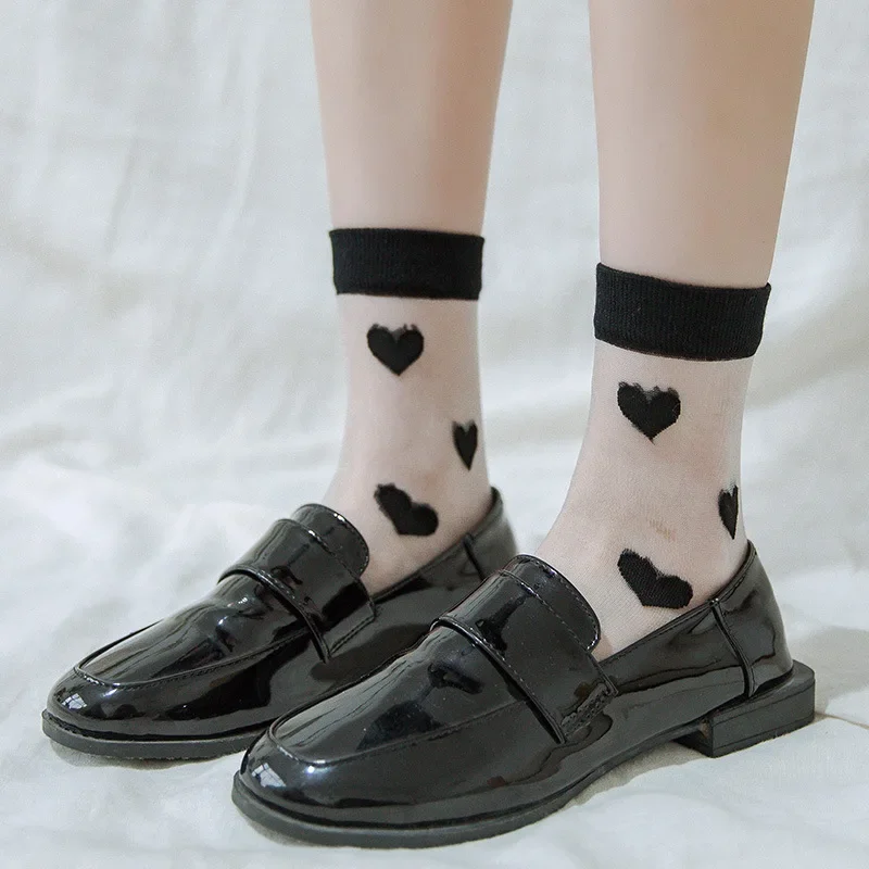 Summer Woman Socks Japanese Style Sweet Crytal Glass Silk Socks Heart Print Ultra-thin Transparent Girls Kawaii Cute Long Socks