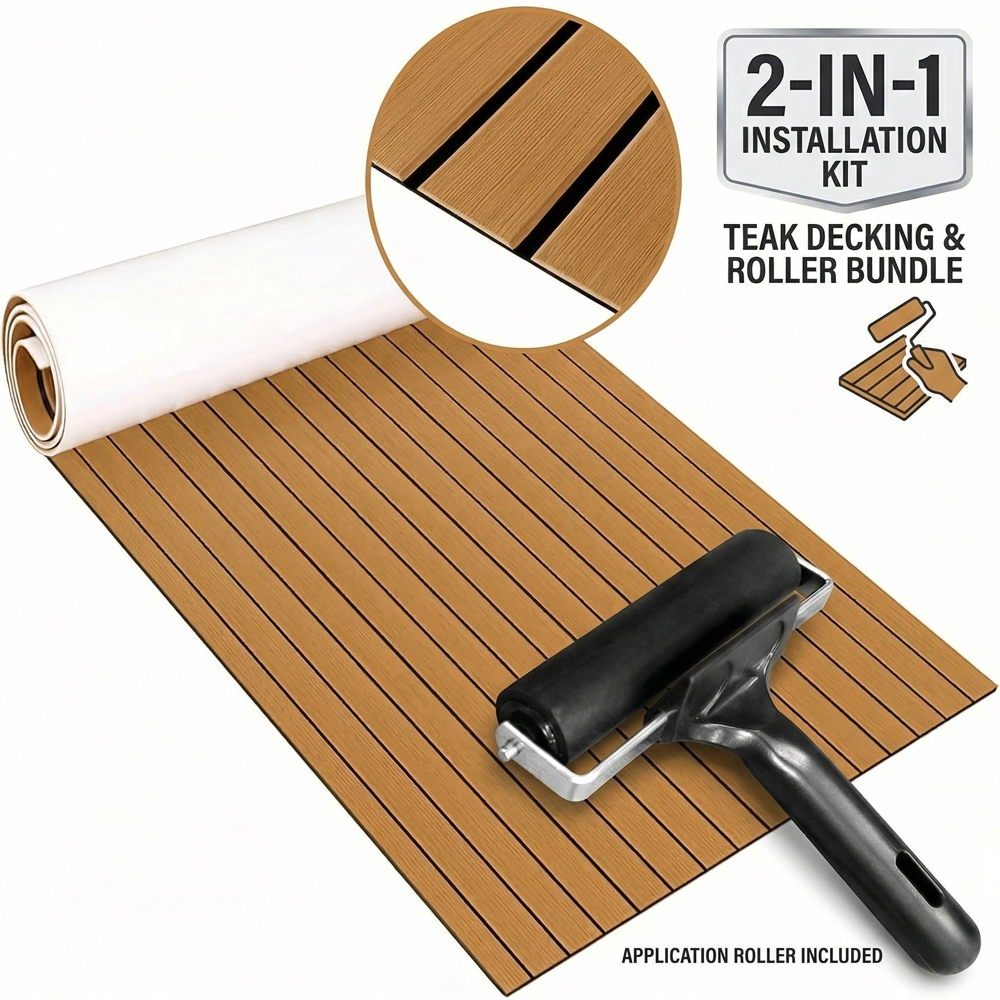 KXKZREN 2400x550mm EVA Foam Boat Flooring Pad Faux Teak Decking Marine Mat Non-Slip Self Adhesive Sheet Mat Marine Deck Roller