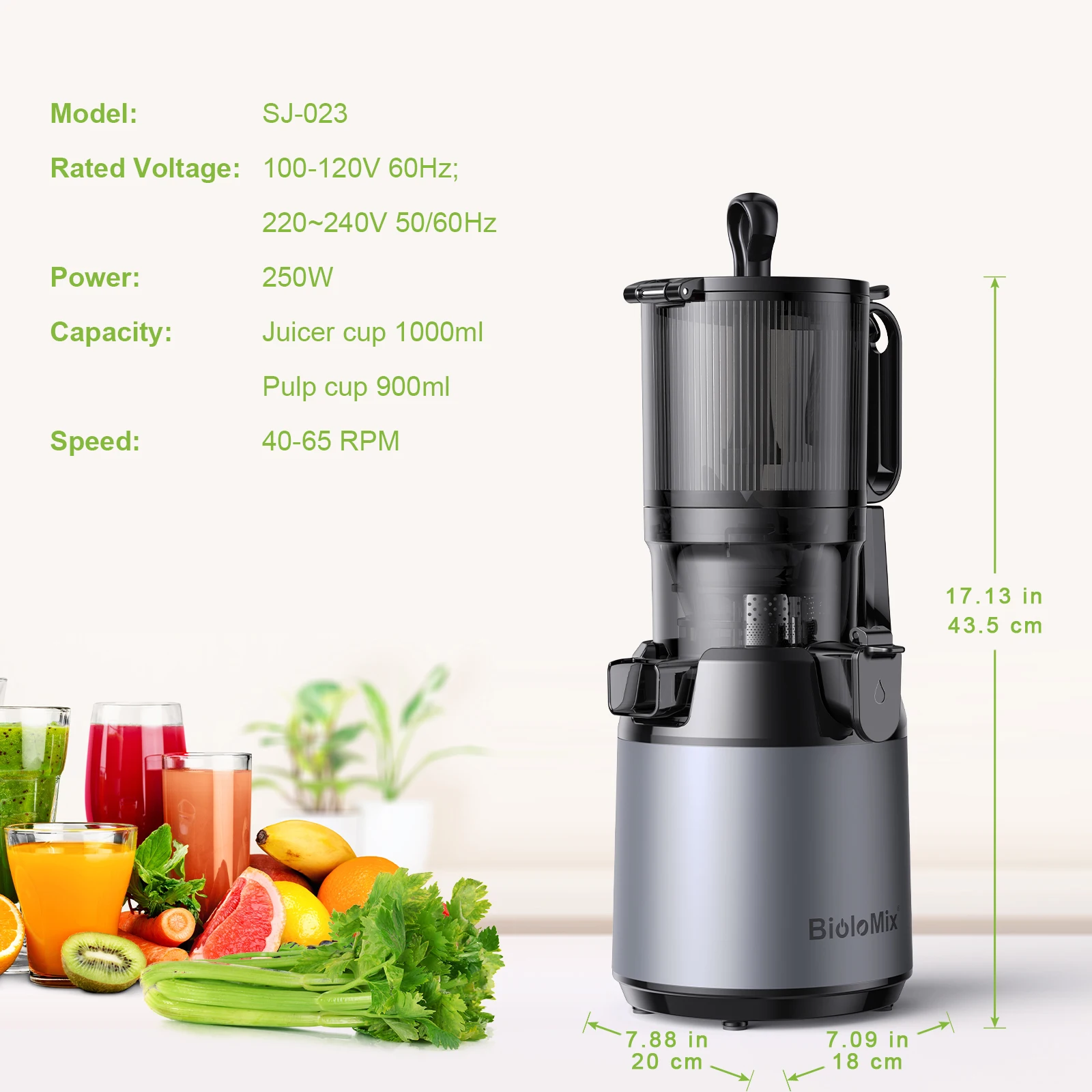 BioloMix koude pers-sapcentrifuge, met 130 mm invoergoot, geschikt voor hele groenten en fruit, hoge sapopbrengst, BPA-vrije langzaam kauwende sapcentrifuge