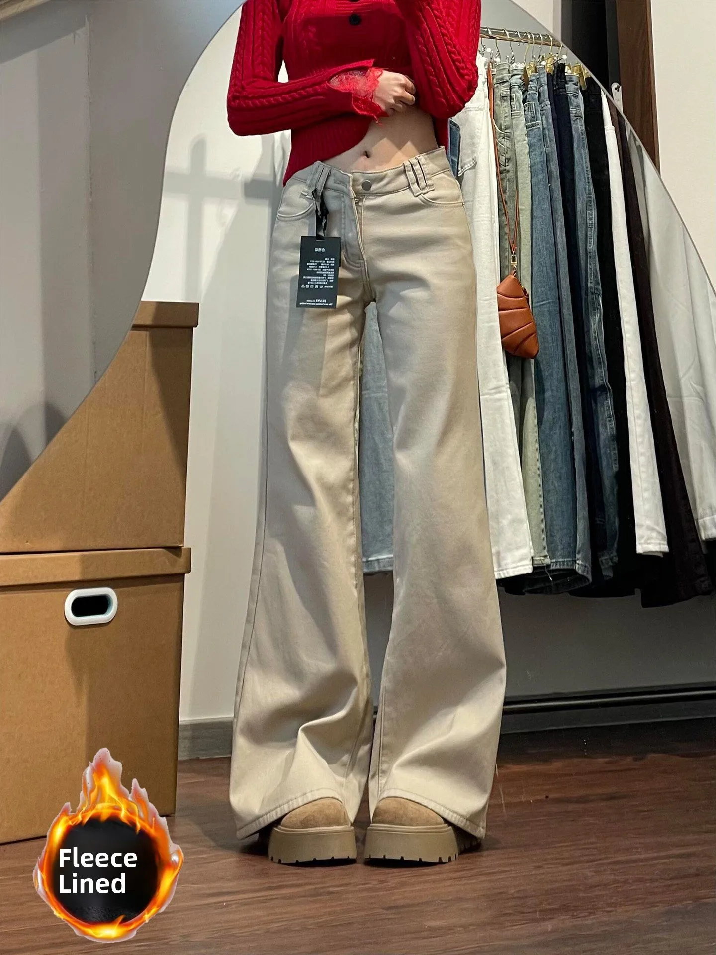 

Ретро-джинсы женские весенние, новые, цвета хаки, с высокой талией, расклешенные, прямые, стройнящие, модель «рогатые брюки»