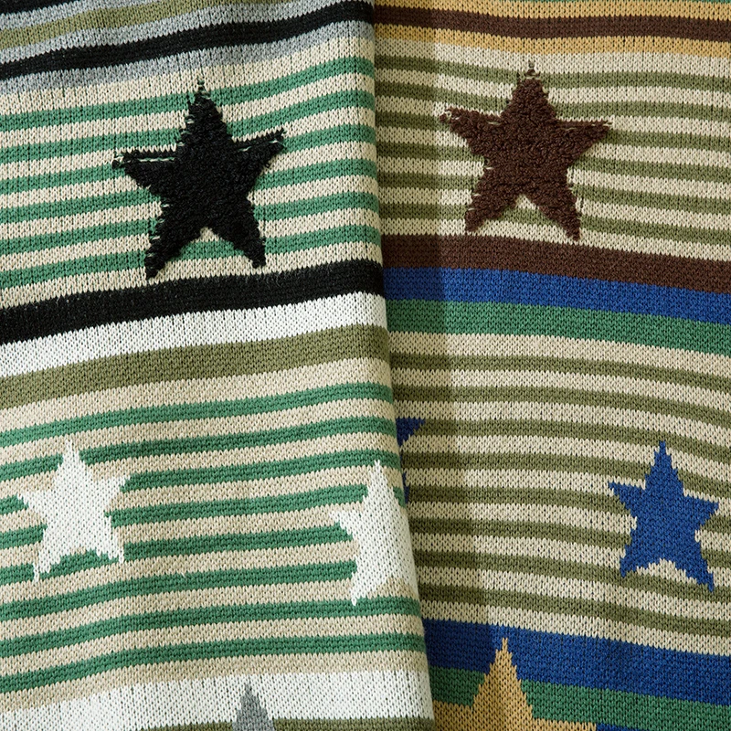 Harajuku Vintage Striped Sweater Men Star Flocking Oversized Knitted Sweaters Autumn Winter Streetwear Couple Pullovers Unisex
