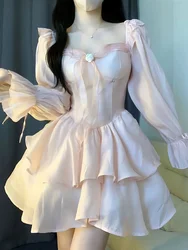 Fairy Sweet Bow Long Sleeve Dress Kawaii Grunge Lantern  Dresses Korean Y2k Aesthetic Ball Gown Square Collar Robe Women