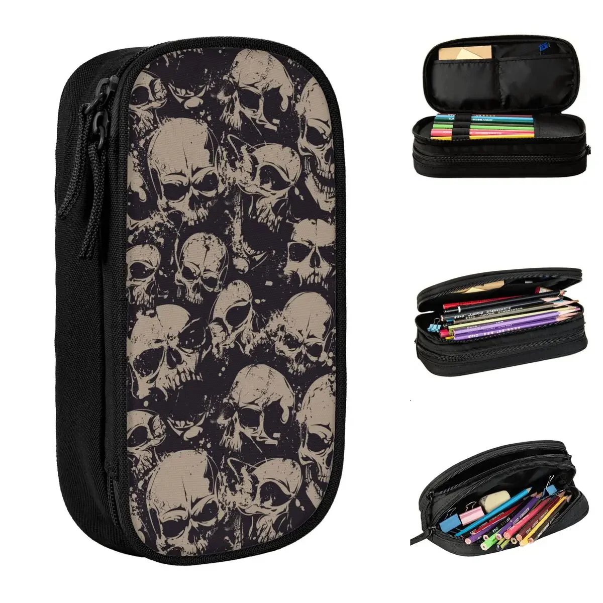 

Grunge Pattern With Skulls Rock Pencil Cases Pen Holder Bags Girls Boys Large Storage Students School Zipper Pencilcases
